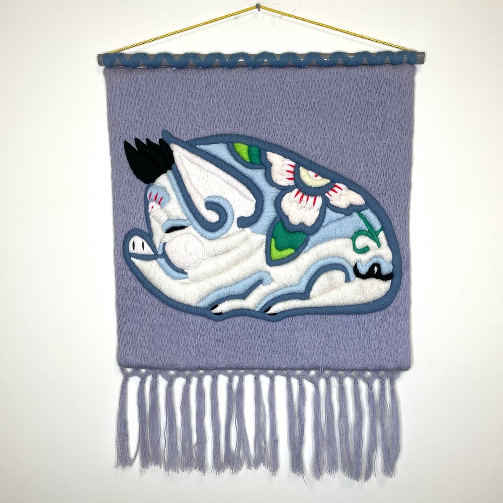 Vintage Chinese Zodiac Pig hand embroidered relief wall hanging